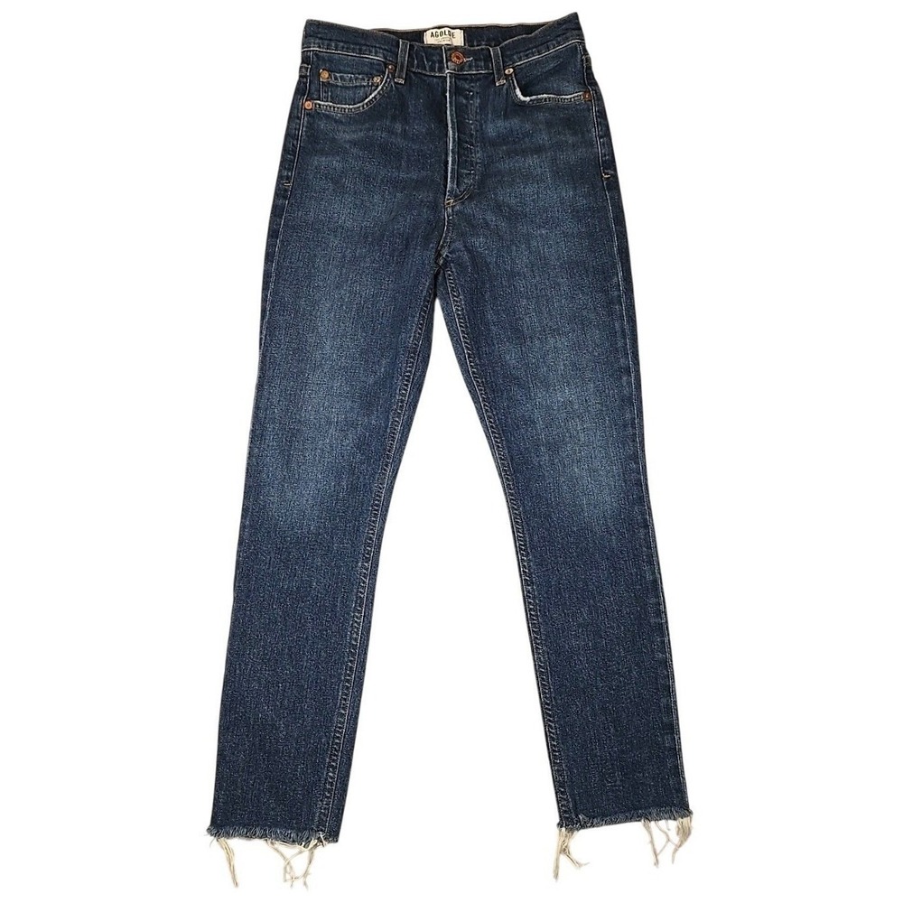 AGOLDE‎ Size 27 Straight Leg Jeans Womens Dark Wash Raw Hem Button Fly High Rise